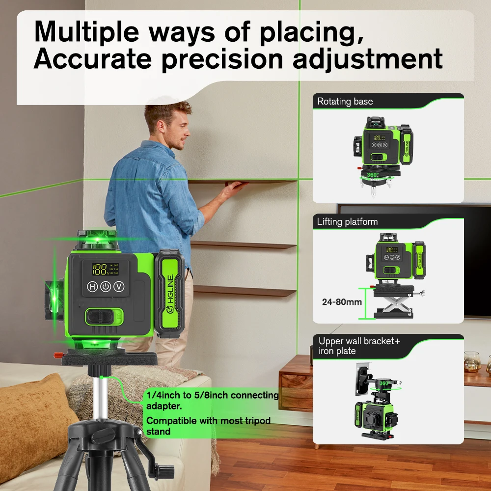 HGLINE 16 Lines/4D Laser Level Professional Construction Laser Level Tool 360° Selfleveling Horizontal Vertical Leveling Machine - 5