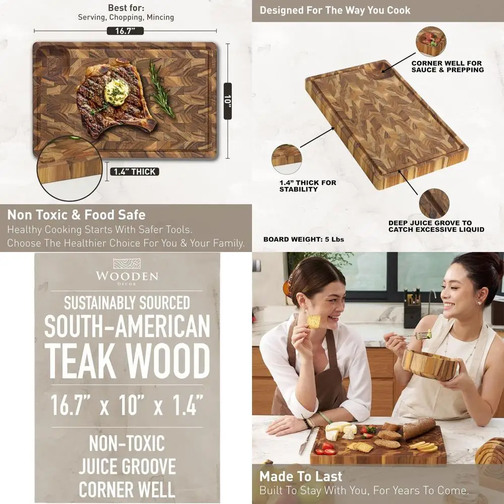 

Large Teak Butcher Block with Juice Groove, Corner Well, and Charcuterie Board, Food-Safe, Gift-Ready, 16.7x10x1.4 inches