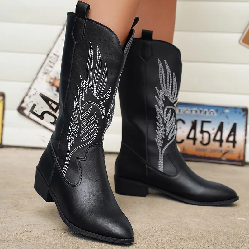 

Womens Chunky Heel Western Boots Black PU Leather Embroidered Cowboy Boots Woman Autumn Winter Slip On Mid Calf Botas Mujer 2024