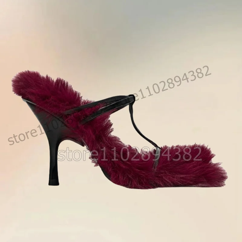 Burgandy Fur Decor Hollow Design Strappy Slippers Slip On Women Shoes Thin High Heels Fashion Banquet 2023 Zapatos Para Mujere