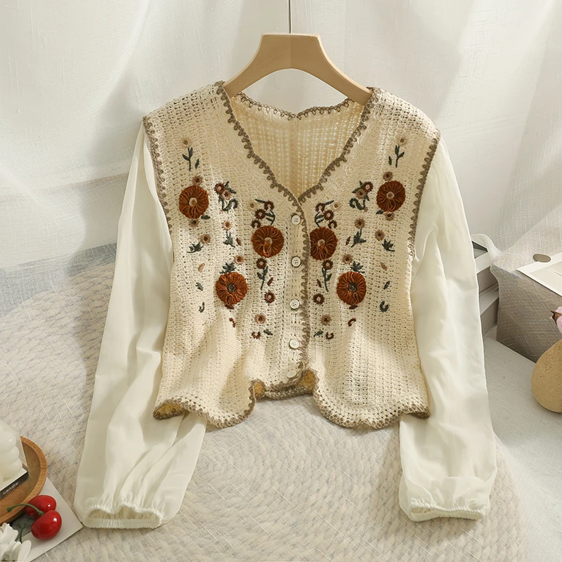 OUMEA Women Floral Embroidery Blouse Spring Autumn Chiffon Sleeve Sweet Shirts Buttons Front Vintage Patchwork Japan Style Tops