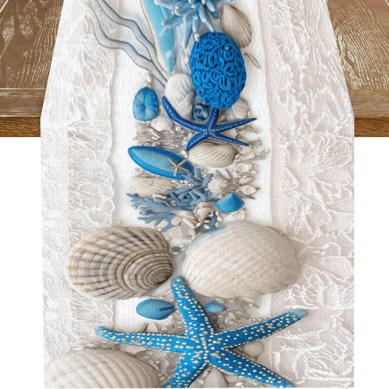 قطعة واحدة من مفرش طاولة على شكل صدفة ستيريو للمحيط، تظليل من الدانتيل مع أصداف مقلدة وديكور نجم البحر، مناسبة لحفلات الزفاف على الشاطئ، والمطاعم ذات طابع المحيط، وحفلات الشاطئ، والديكورات المصنوعة يدويًا، والحفلات الصيفية، والاستوديوهات الفنية