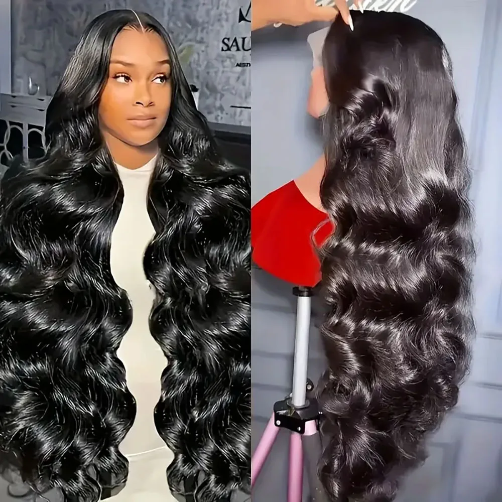 프리 플러킹된 내추럴 컬러 200% 밀도 바디 웨이브 레이스 프론트 가발 5x5 13x4 13x6 투명 레이스 프론탈 가발 (여성용) # 1B 번