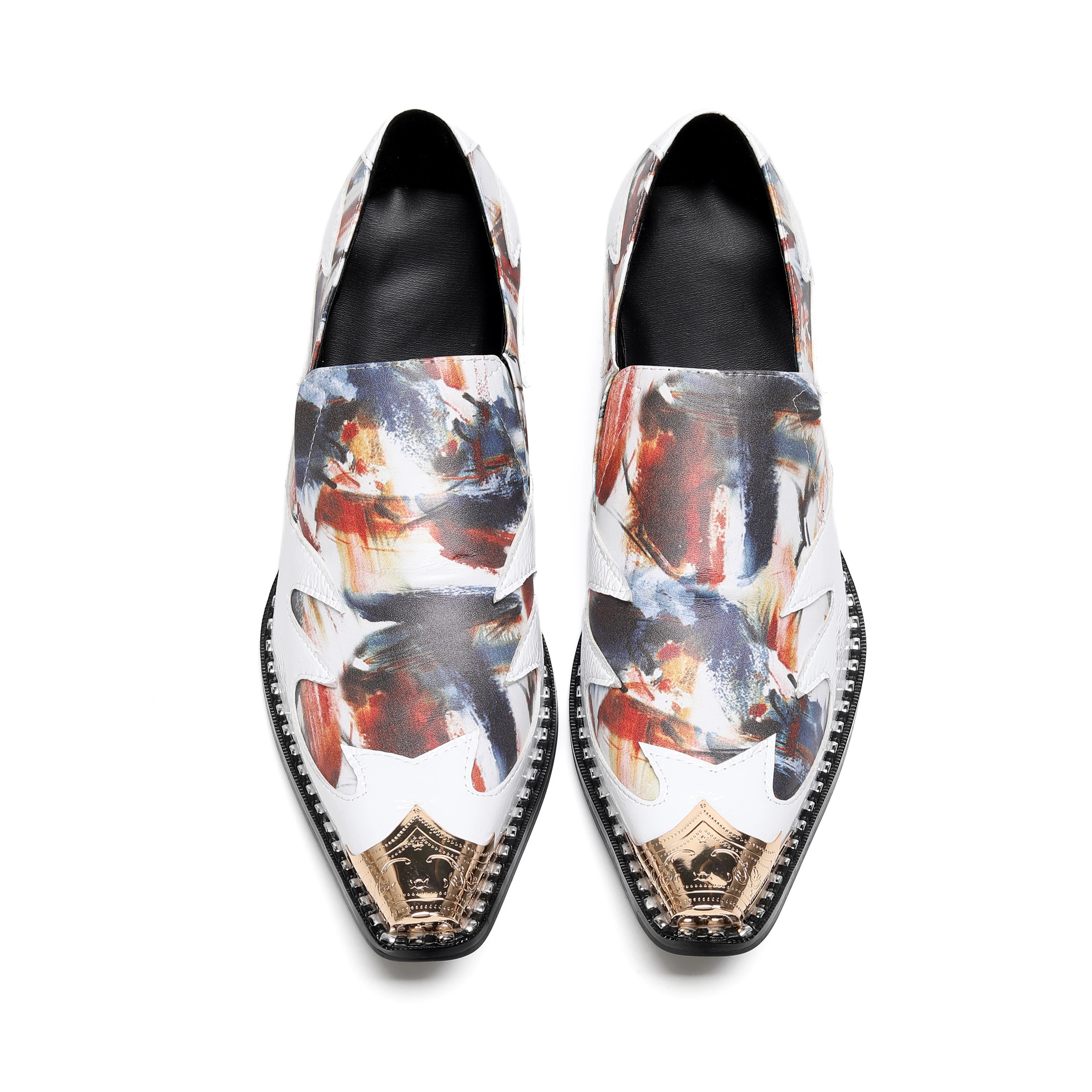 

Abstract Oil Painting Leather Chelsea Boots Men Pointed Toe Gold Metal Block Heel Slip On Western Style Footwear Plus Size 38-48