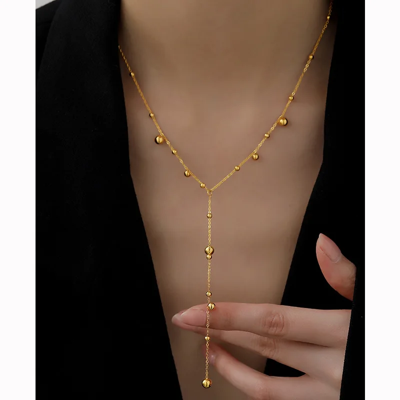 Stainless Steel Gold Color Beads Chain Necklace for Women Simple Long Tassel Clavicle Chain Party Jewelry