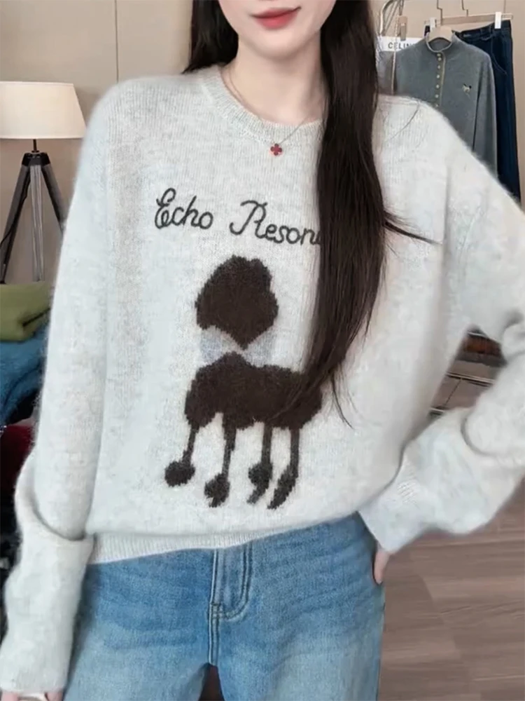 

Корейский свитер с круглым вырезом и мультяшным принтом, осенне-зимний, больших размеров, стройнящий, универсальный топ, женский свитер-камера