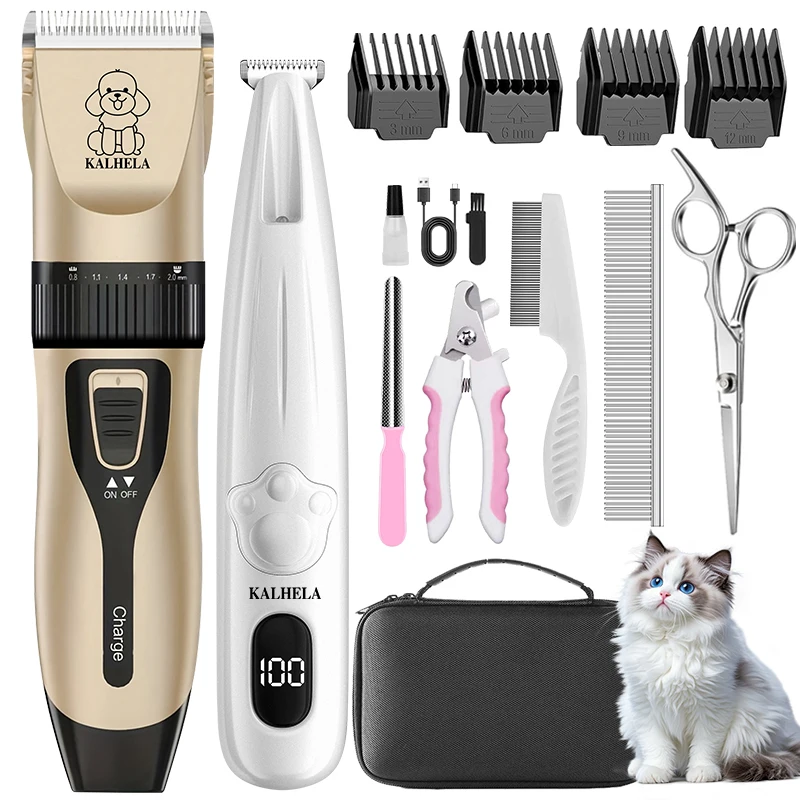 Pet Electric Grooming Clipper Kit, Rechargeable Cordless Dog Cat Hair Shaver Set, Main Clipper & Digital Paw Trimmer for Pet Hai