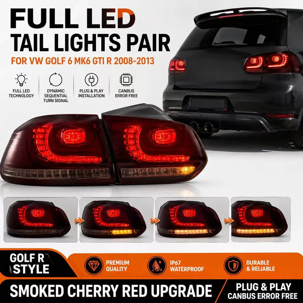 Pair Full LED Tail Lights for VW Golf 6 MK6 GTI R 2008-2013, Dynamic Sequential Amber Turn Signal, Plug & Play Canbus