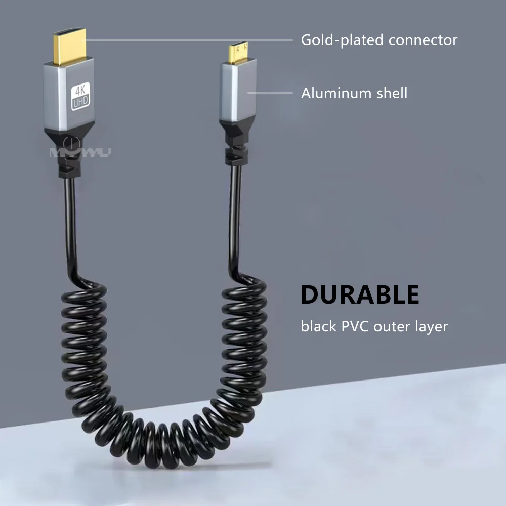 MOWU Mini/Micro/HDMI Stretch Coiled Cable HDMI 2.0 to Mini HDMI 90 Degree Right Angled 4K 60hz Extension Cable