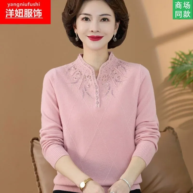 Women's Spring Autumn Sweater Diamond Keep Warm In Winter Plus Size Pullover Wool Korean Fashion Chinese Style Cheongsam Collar