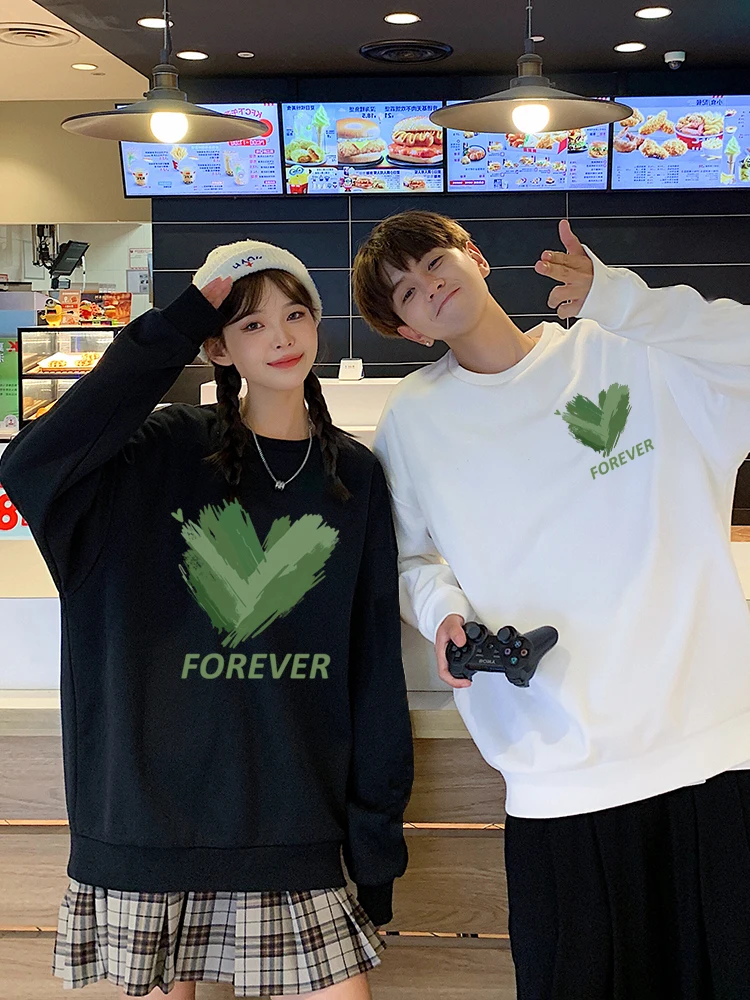 Green Love Heart Print Matching Round Neck Couple Friend Hoodies Sweatshirts For Girlfriend Boyfriend Autumn Winter Custom