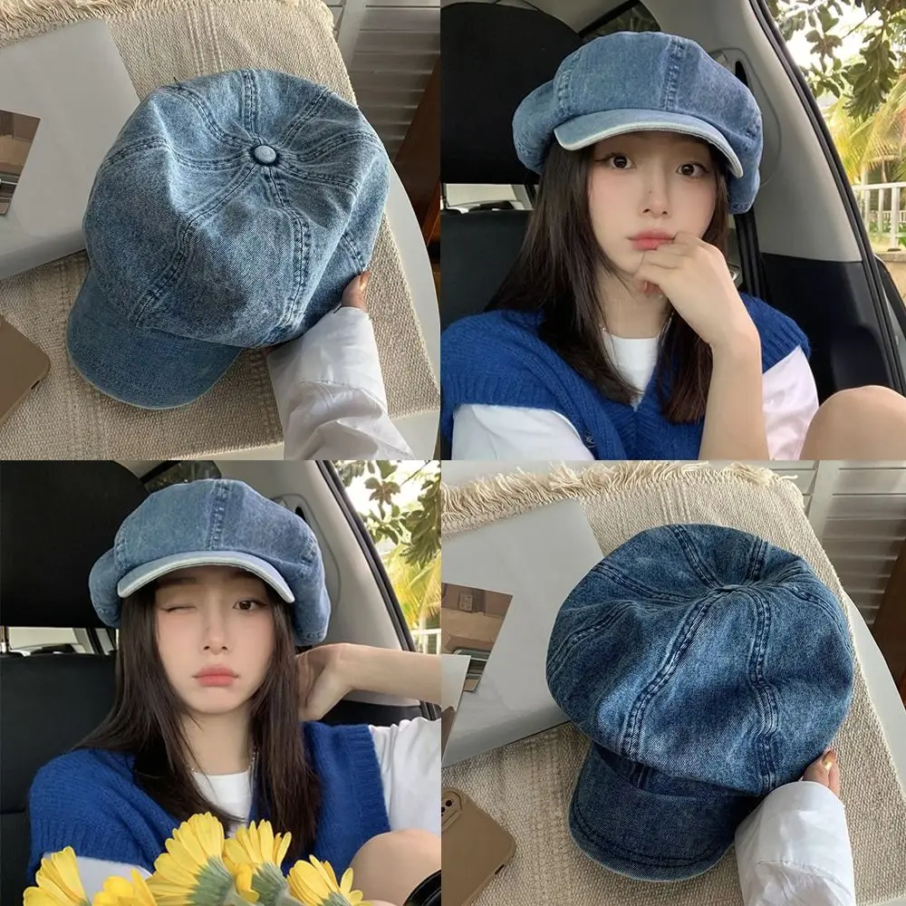 Boina jeans de algodão lavada para mulheres, chapéu de pintor octogonal, boné Gatsby, jeans azul, jeans versátil