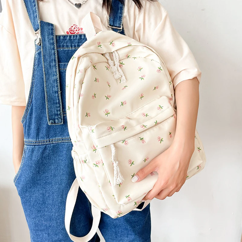 Korean Version Nylon Floral Backpack School Flower Fashion Backpack Junior High School Backpack Travel Bag