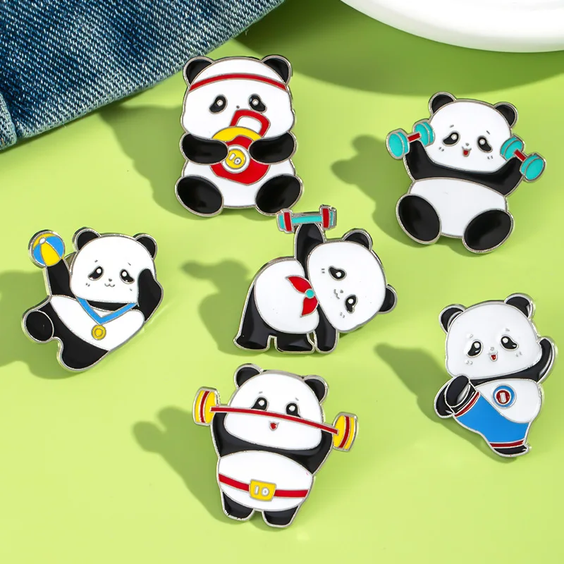 Cute Panda Sports Enamel Pin Weightlifting Gym-Themed Panda Brooches Colorful Enamel Details Fun Accessories for Jackets & Bags