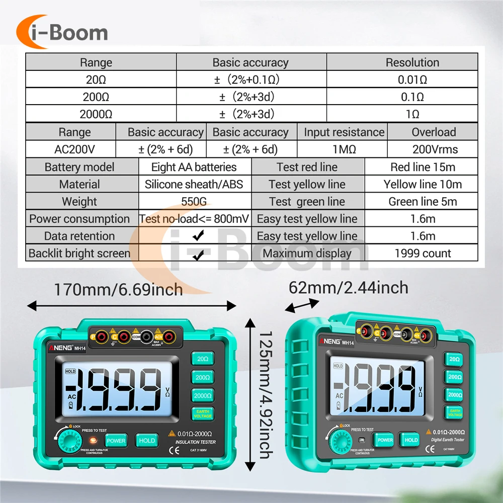 Imagem -03 - Megohm Medidor Isolamento Resistência Tester Ohmmeter Display Digital Detector de Tensão de Alta Precisão 0.01o2000o Mh14