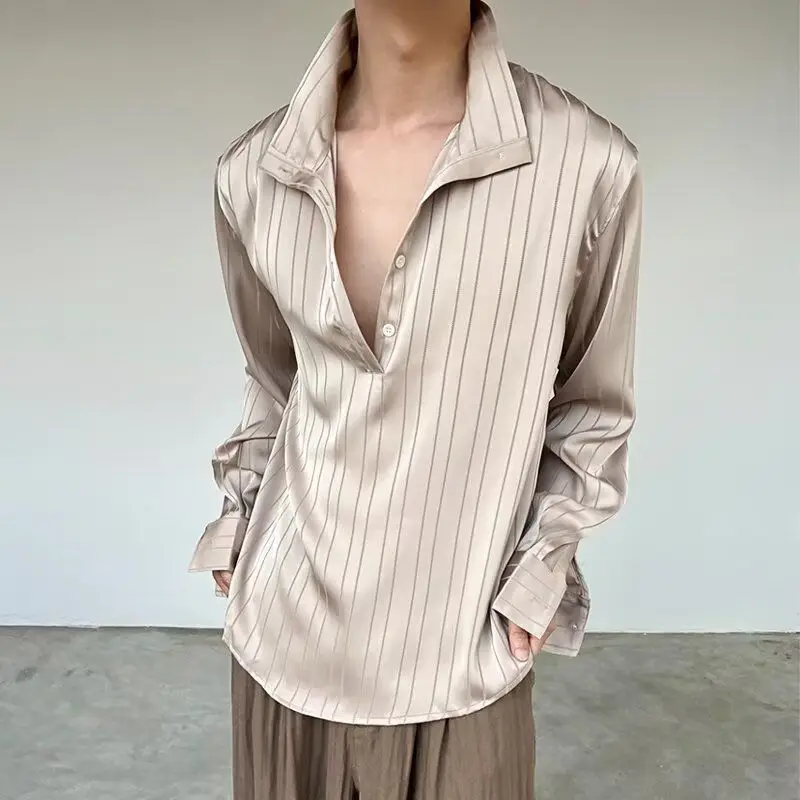 

High-end Striped Shirt Men's Early Autumn New Loose-feeling Wear with Long-sleeved Top Casual Semi-cardigan Shirt