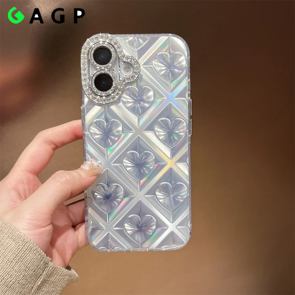 Aurora INS Heart Glitter Diamond Camera Protect Case for iPhone 16 15 14 13 Pro Max Laser Love Colorful Butterfly 16ProMax Cover