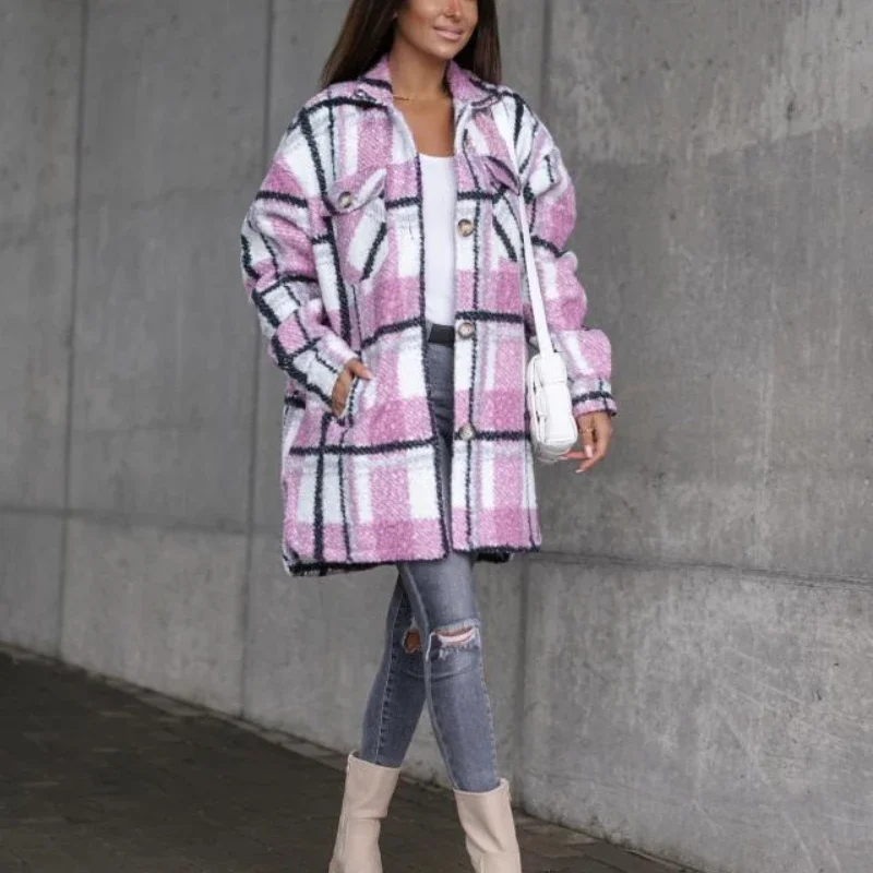2023 autunno e inverno moda Strappy Plaid cappotto di lana risvolto monopetto temperamento di media lunghezza abbigliamento Casual da donna