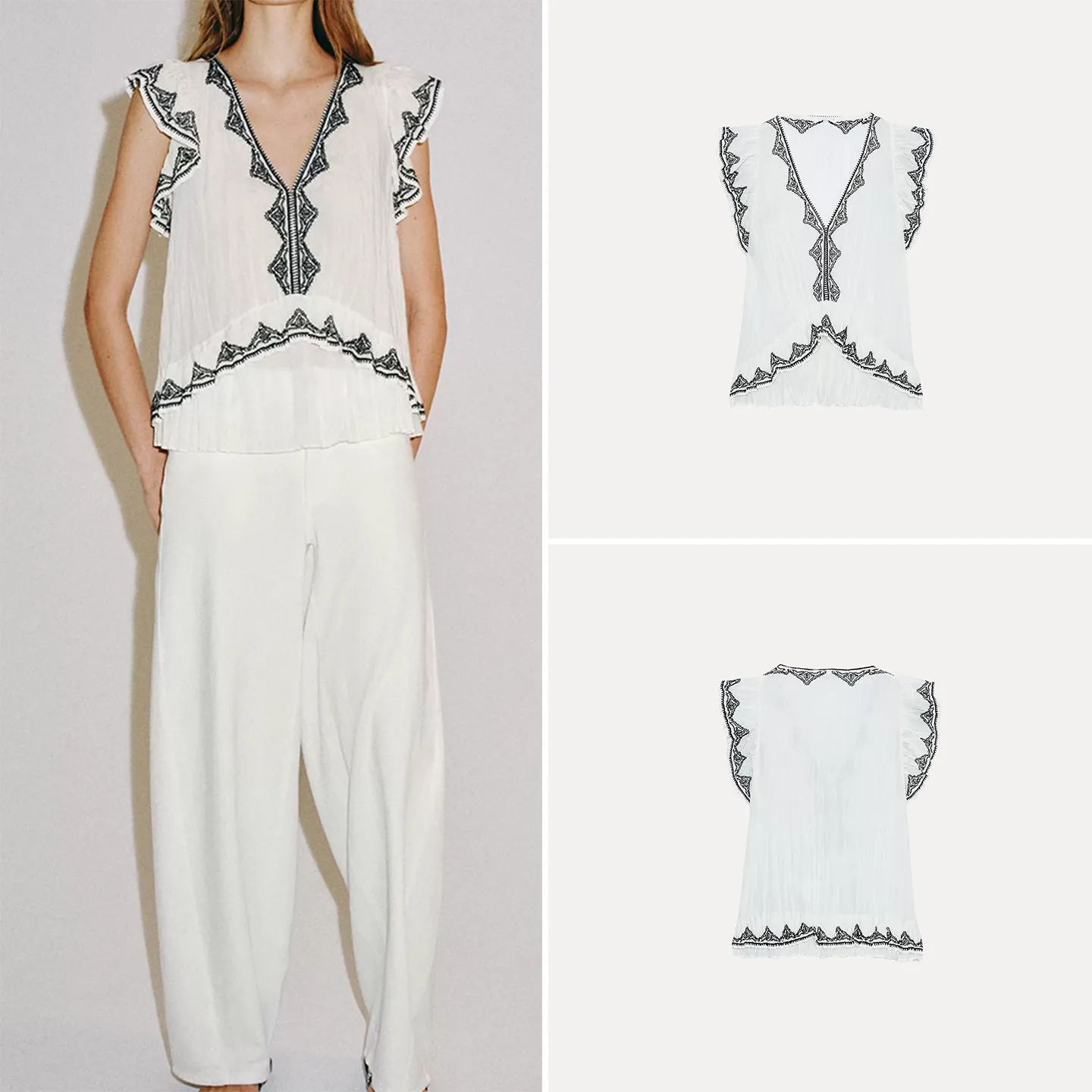 

ZADATA Women's Embroidered Shirt Summer 2026 Sleeveless V-neck Color Block Personality Loose Fit Long Sleeve Regular Length