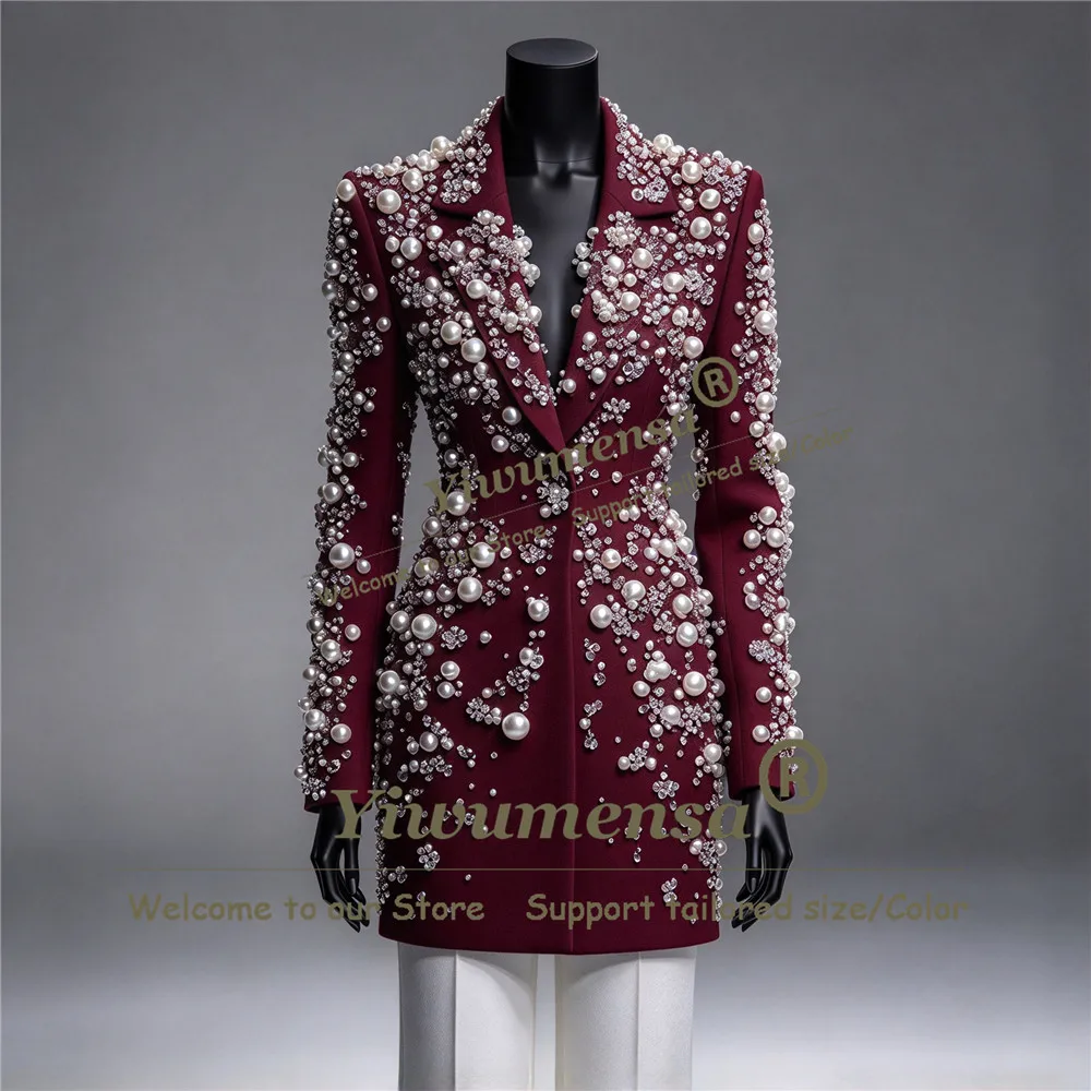Luxury Women's Blazers And Suit Long Customized Beaded Pearls Jacket Pants 2 Piece Lady Business Party Tuxedo Formal Wear Outfit
