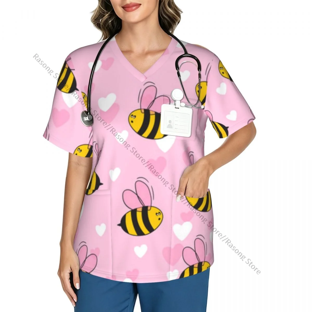 Bees Hearts Scrubs Medical Uniforms Women V Neck Short Sleeve Tunic Scrubs Tops Nursing Surgical Uniforms