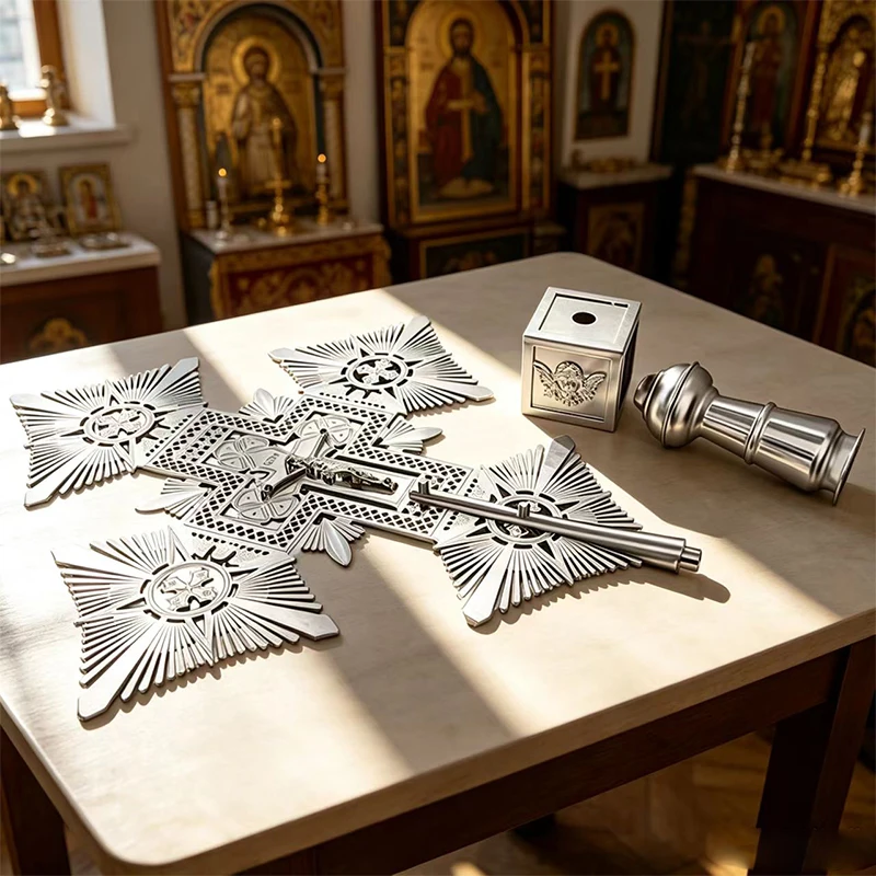 Large Silver Sunburst Orthodox Handheld Blessing Cross Processional Cross for Church Parade Priest Religious Ceremony Decor Gift