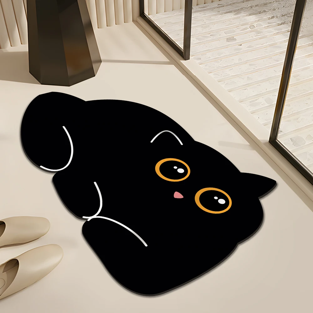 

Милый черный кот в форме диатомовой грязи, ковер для ванной комнаты, противоскользящий и впитывающий коврик, быстросохнущий коврик для ног