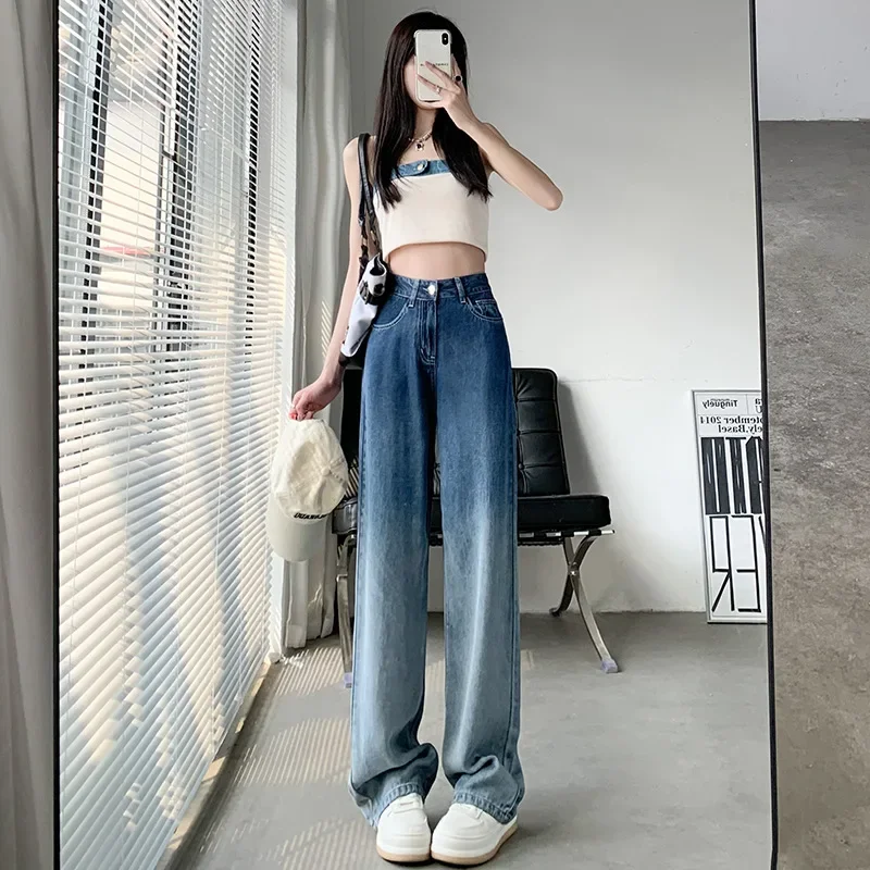 

High Quality Spring and Summer New Fashion Gradient Ultra-thin Denim Pants for Female Students Wide Leg Pant and Extended Length