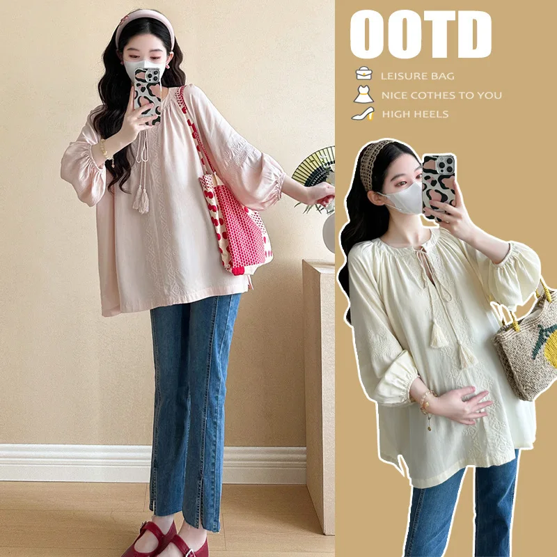 الأمومة أعلى 2025 الخريف جديد الكورية نمط فضفاض تنوعا الحد الأدنى لطيف فانوس كم بيبي دول بلوزة منتصف طول القمصان