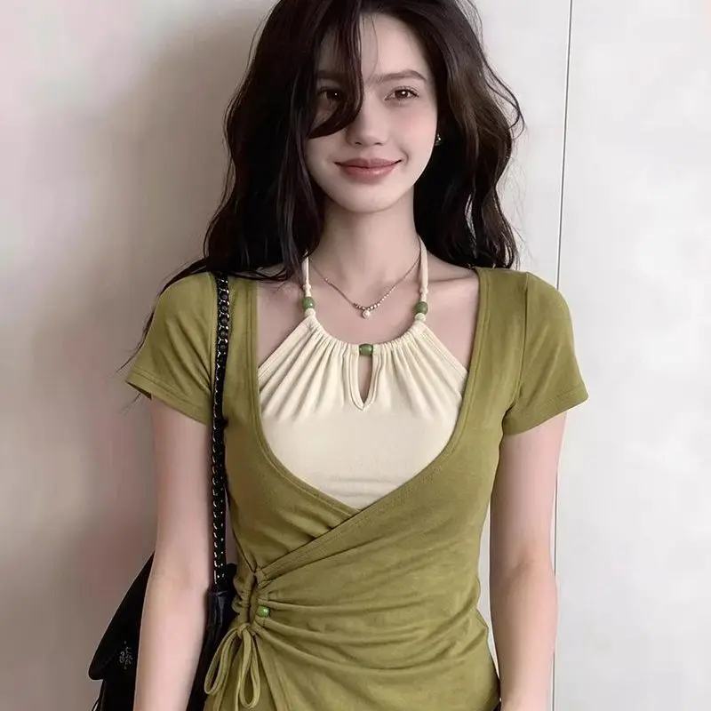 Women Clothing Summer New Fashion Lacing Patchwork Contrast Tops Tees Short Sleeve Irregular Elegant T Shirts  Fashion