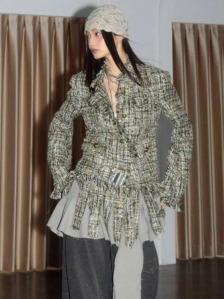 

HUISONG женский клетчатый элегантный твидовый пиджак с кисточками, новая куртка с воротником-стойкой и длинными рукавами, модная весна-осень 2025