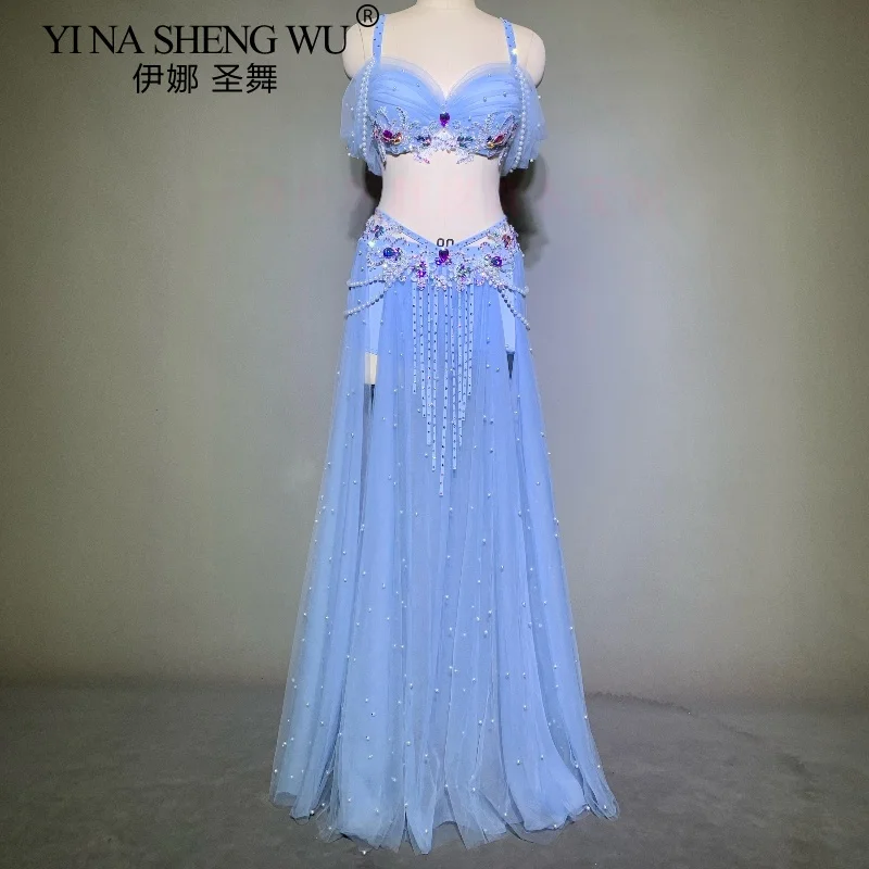 Женский комплект для танца живота, жемчужный бюстгальтер, длинная юбка, 2 предмета, костюм для командных соревнований по индивидуальному заказу для танцевальной одежды