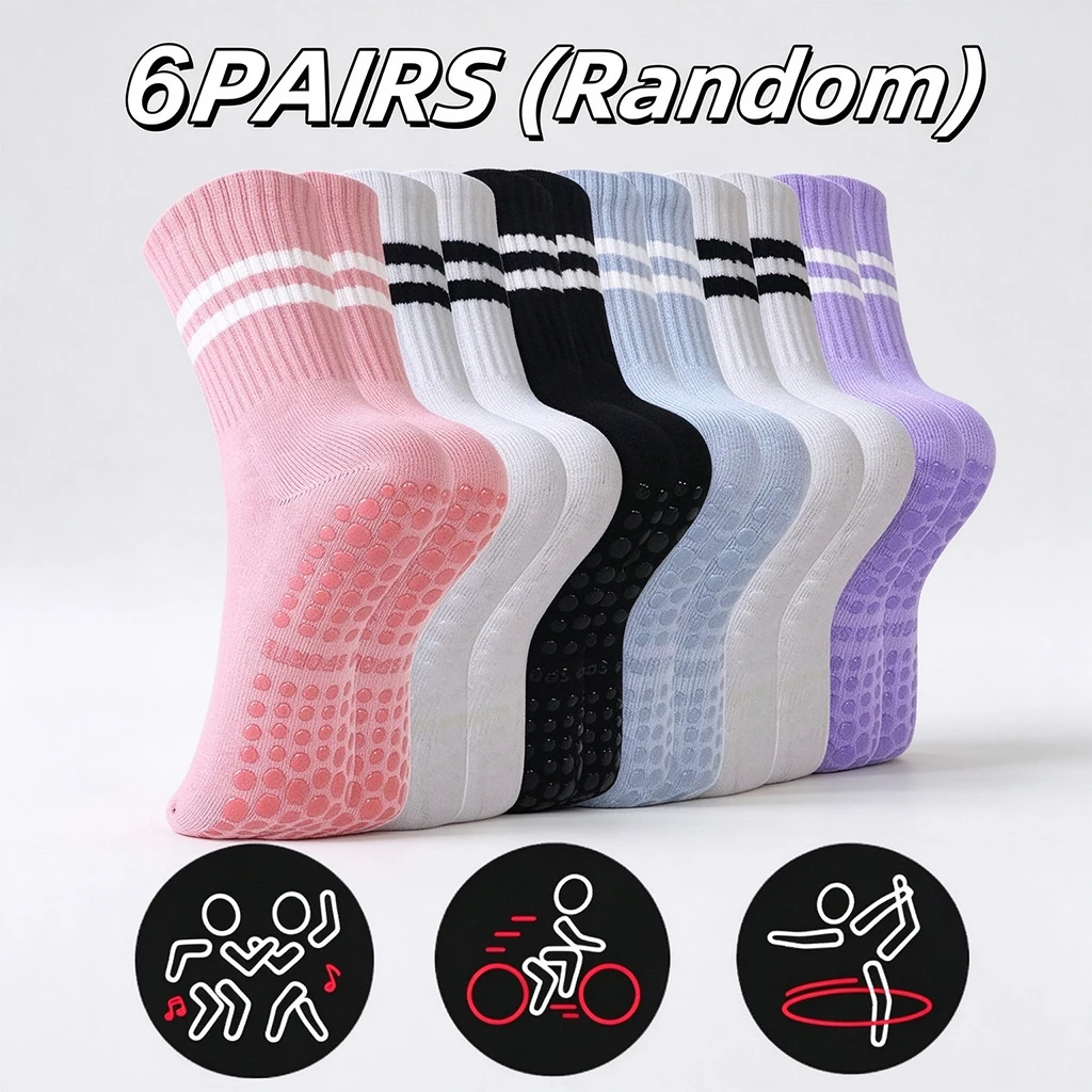 1/3/6 Pairs Non Slip Yoga Socks Women Cotton Mid Tube Grip Socks for Pilates Barre Workout Fitness Hospital Sports Socks