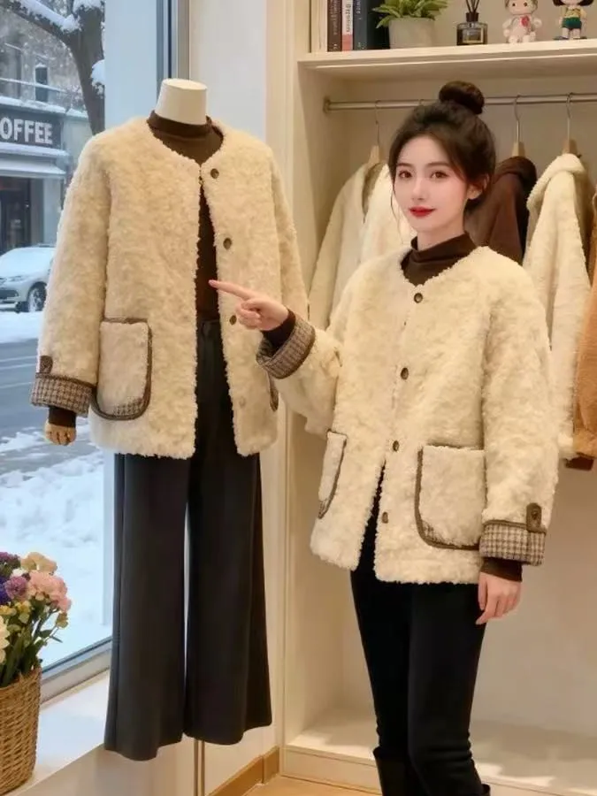 

Lamb Fur Jaet Women's ort Thiened Faionable Retro Early Spring New Design Casual Comfortable Warm round Ne Coat