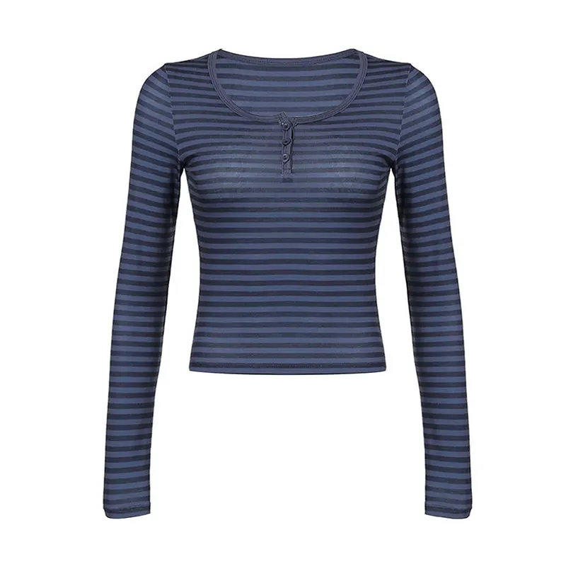 خريف جديد المرأة تي شيرت الشارع الشهير موضة مخطط طويل الأكمام س الرقبة زر عادية سليم تيز مثير سيدة تنوعا محبوك تيز #5