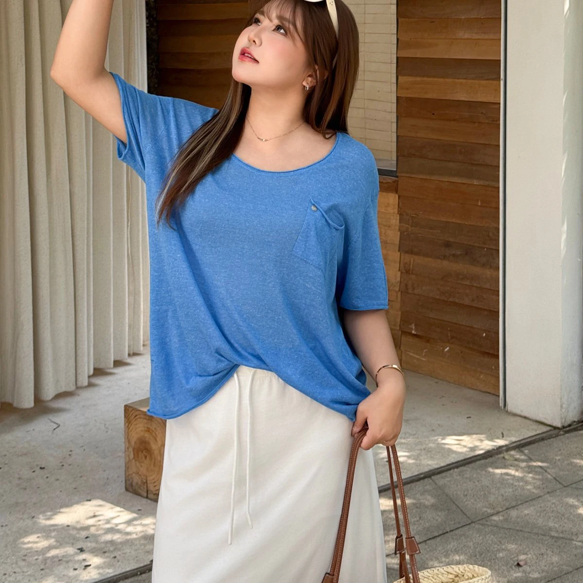 

2026 Summer Premium Plus Size Short Sleeve Knit Top Lyocell Linen Pocket Design Loose Casual T-Shirt For Curvy Women 9417