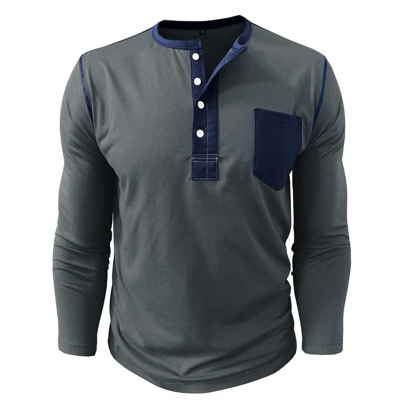 

Men's Long Sleeve Tshirts Contrasting Color T-shirt Henry Neck Mens Pullover Casual Retro Top for Men