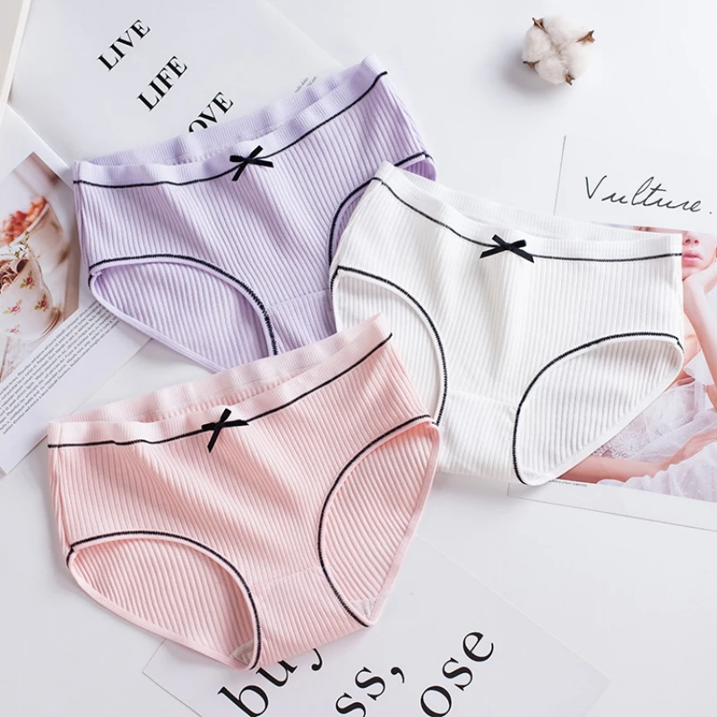 Breathable Stripes Cotton Women\'s Panties Seamless Lady Underpants Sexy Bowknot Briefs Mid Waist Ladies Lingerie