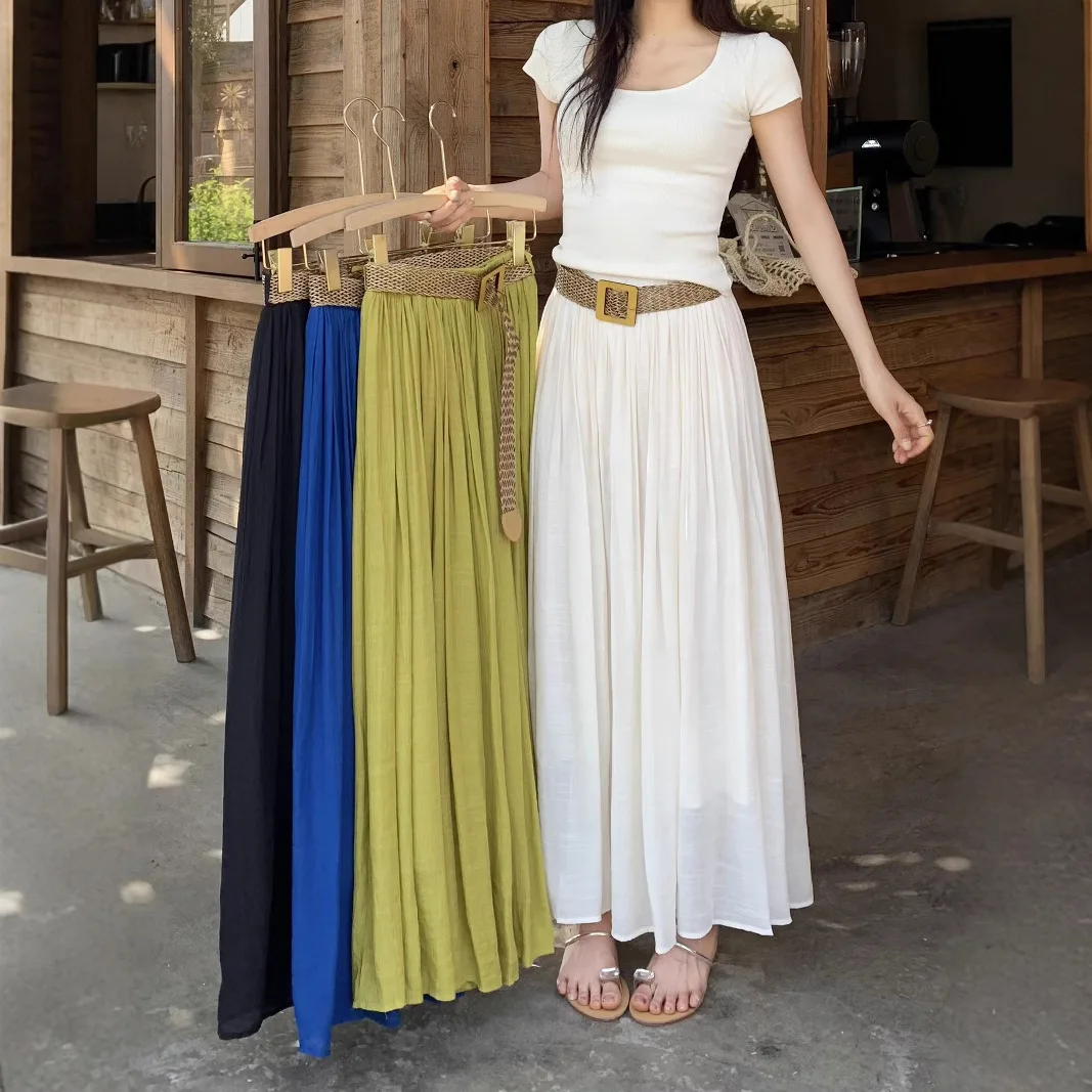 

2025 Solid Color Midi Skirt for Women's Summer Outfit Slim and Medium Long A-line with Belt