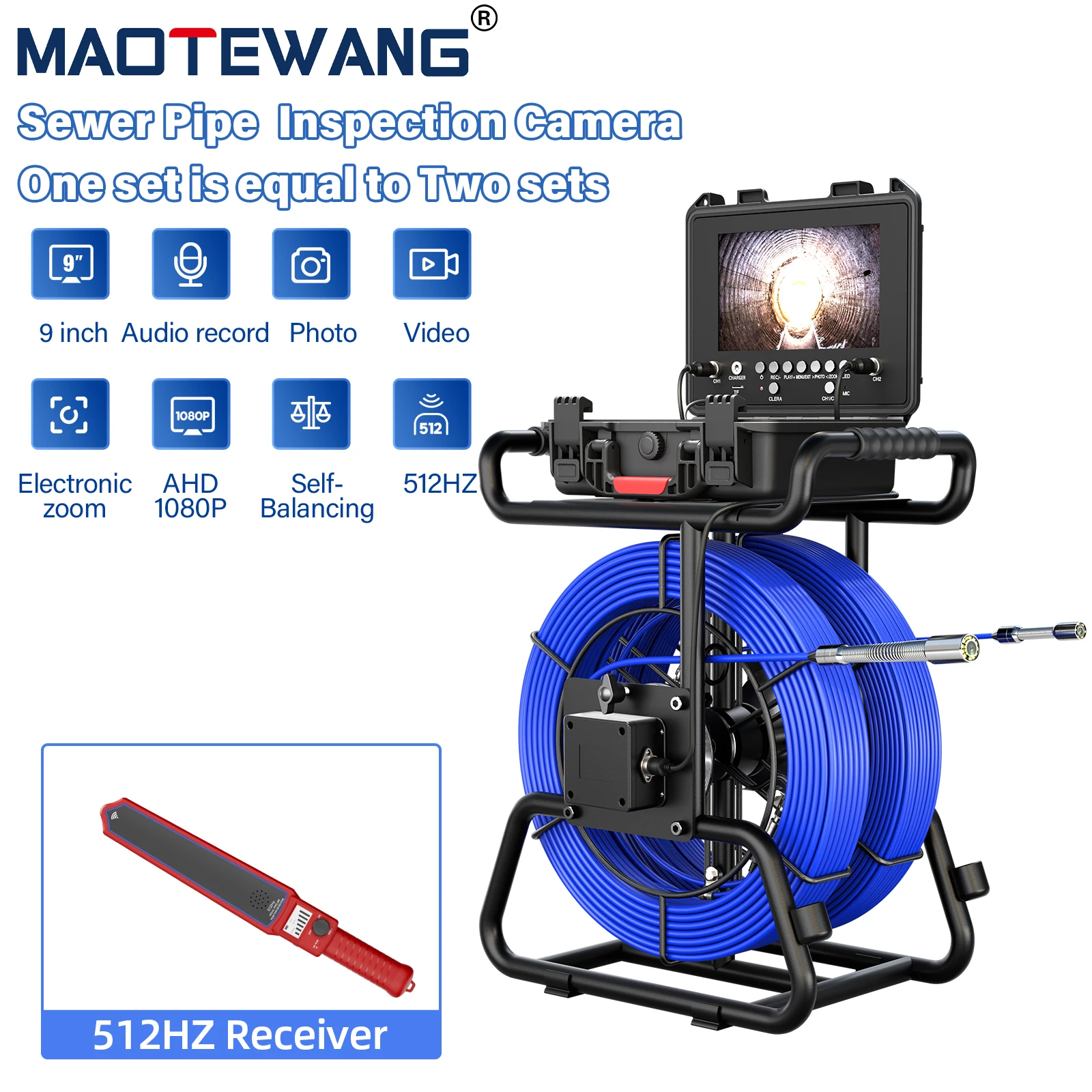 

Камера для осмотра канализационных труб Кабель 5/7 мм Кабель 9 дюймов IPS с двумя объективами Канализационная камера 1080P + локатор 512 Гц + счетчик метров + 512 Гц Самовыравнивающаяся