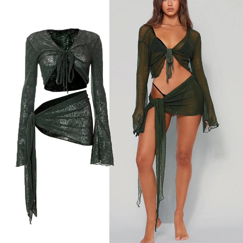 DriftWear Sheer Mesh Long Sleeve Wrap Top Skirt Set See-Through Bikini Cover Up with Bell Sleeve Beachwear Sun Protection Outfit