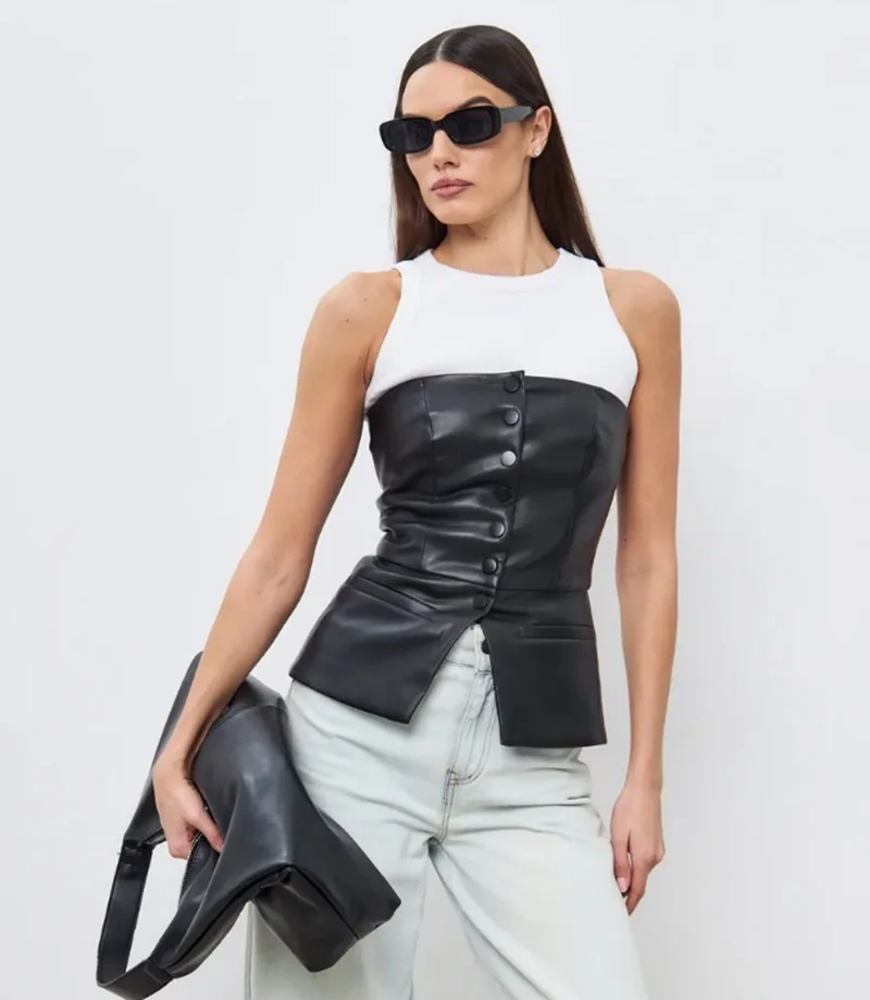 Sexy PU Leather Strapless Vest Woman Slim Sleeveless Backless Single Breasted Top Fashion Women Clothes Streetwear