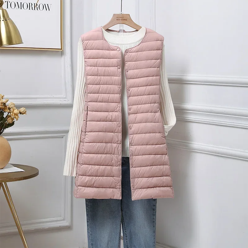 Ultralight Portable Puffer Vest Women Long Collarless 2023 New Autumn Winter Duck Down Waistcoat Sleeveless Button Feather Liner