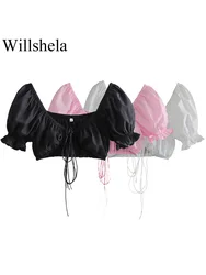 Willshela Women Fashion Solid Lace Up Cropped Shirt Vintage V-Neck Short Puff Sleeves Female Chic Lady Blouse