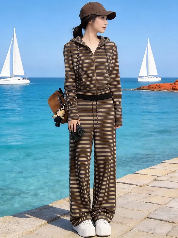 

Chic Korean Style Women's Spring Casual Striped Jacket Top And Wide Leg Pants Two Piece Set Comfortable Long Sleeve Hoodie