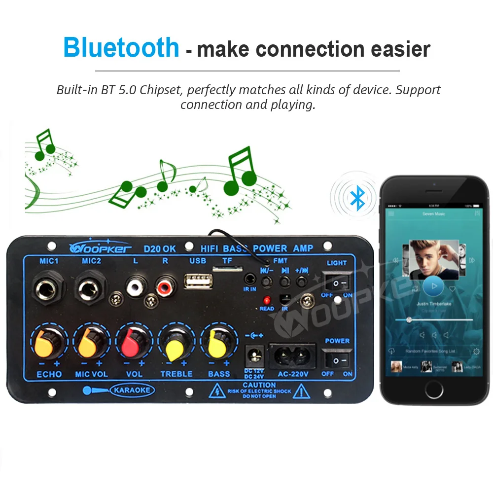 Woopker D20 Bluetooth-Verstärkerplatine, 60–200 W, Subwoofer-Verstärker für Heim-Audio, Auto, LKW, Wohnmobil, Wohnmobil, USB, FM-Radio, TF-Player – Detail 3