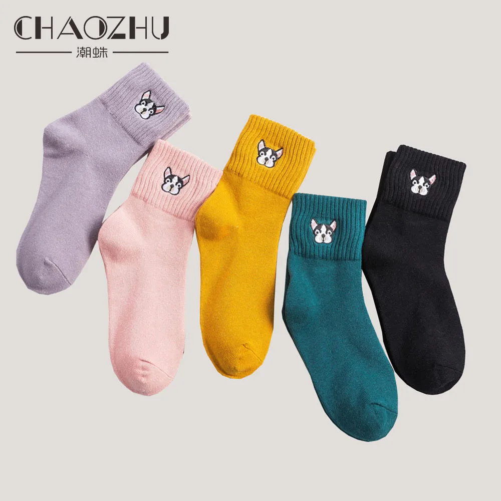 CHAOZHU Women Cute French Bulldog Embroidery Grey Green Pink Black Yellow Five Colors Cotton Knitting Winter Autumn Warm Socks