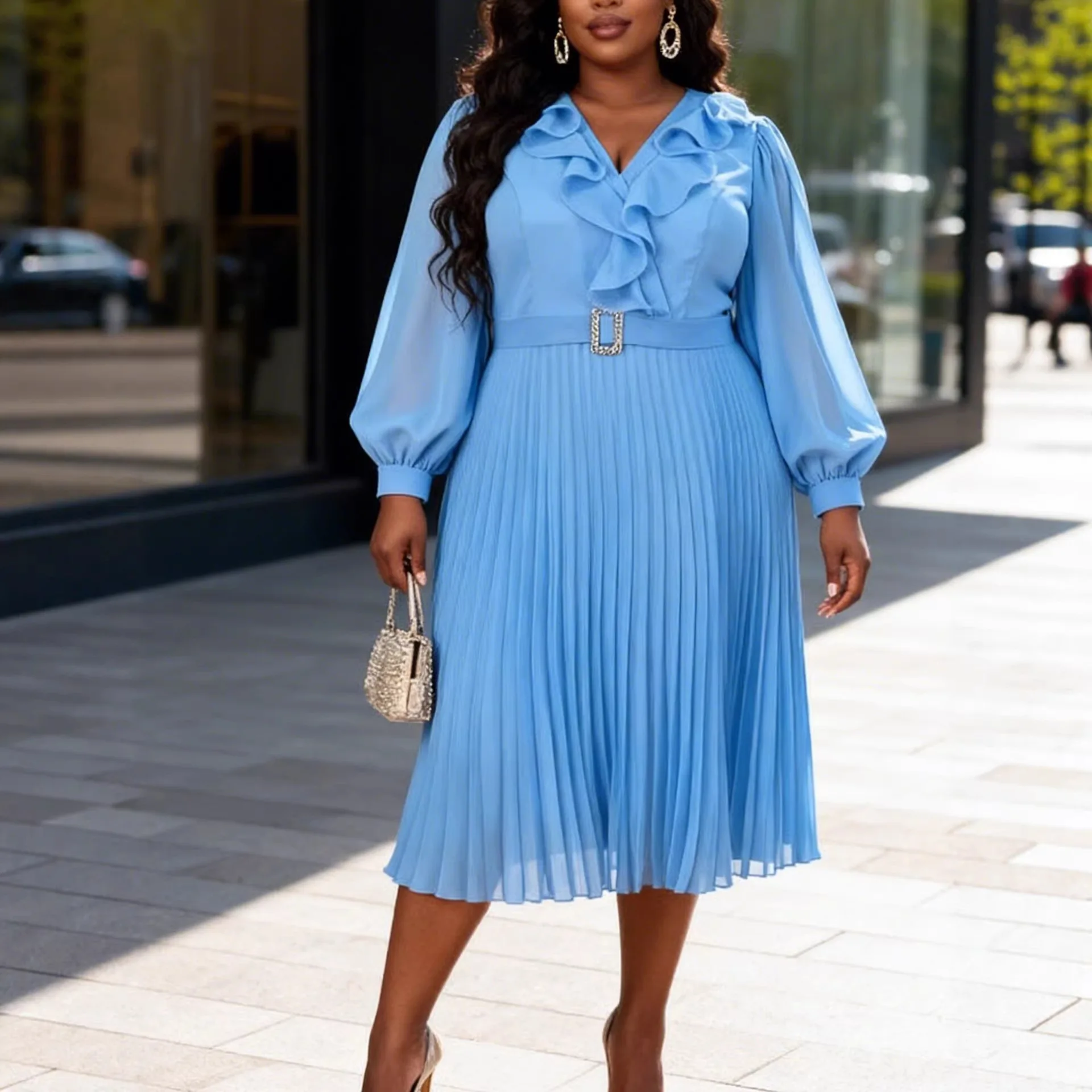 

Africa Clothing Women Chiffon A Line Maxi Pleated Dress V Neck Long Sleeves Ruffle 3D Flower Classy Evening Party Wedding Gowns