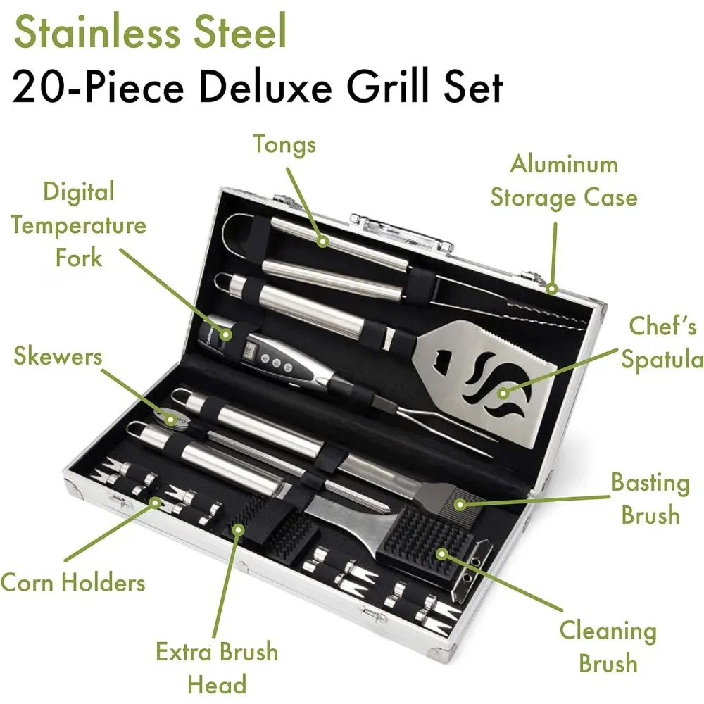 for Accessories BBQ Tool Aluminum Carrying Case, Deluxe Grill Set, 20-Piece