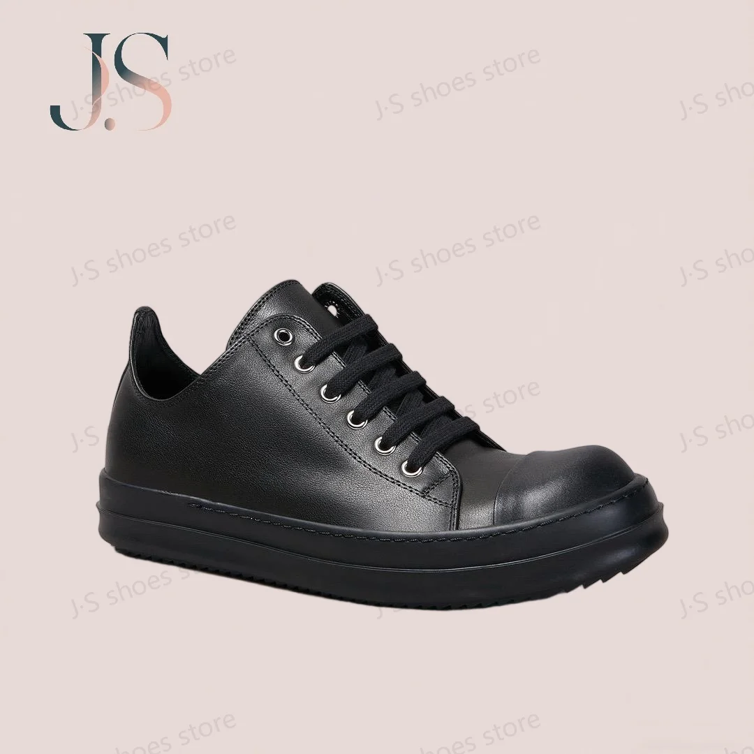 

R-o Outdoor Men Sneaker Full Black Leather Low Top Shoe Lace Up Women Casual Shoes Thick Sole Black Cowhide Sneakers